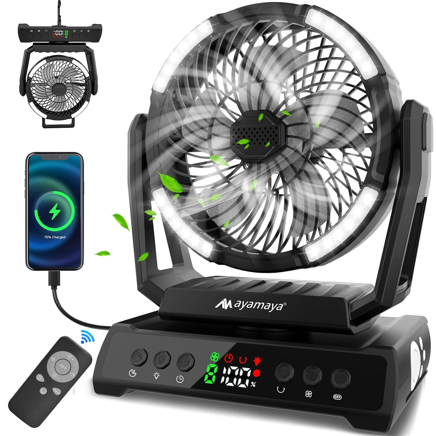 ayamaya Camping Fan, 20000mAh Rechargeable Tent Fan with Light, Remote, 9 Speeds Battery Powered Fans with Digital Display, Timer, Auto Oscillation & Hook for Camping, Outdoors