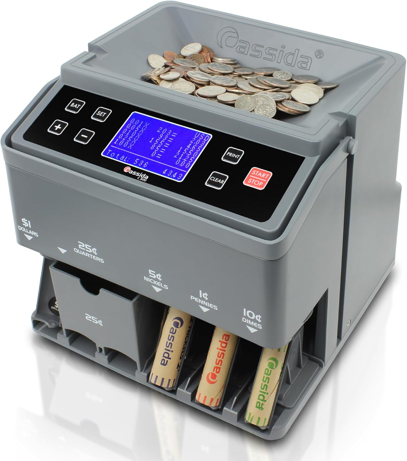 Cassida C300 Coin Counter/Sorter with a 300 Coins Per Minute Speed | Printing Compatible | Quickload Technology