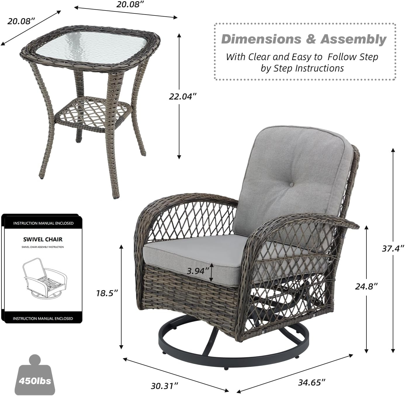 Gray Wicker Steel Frame Swivel Rocking Patio Set with Glass Table