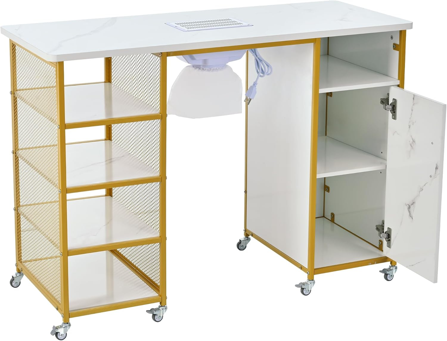 Manicure Table, Marbling Texture Nail Table with Electric Downdraft Vent, Wrist Cushion, Lockable Wheels, Storage Layers, Storage Cabinet Nail Station