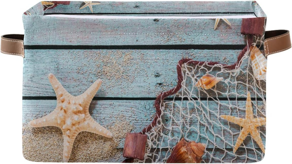 AUUXVA Summer Beach Sand Storage Basket Bin Rustic Wooden Starfish Large Fabric Toys Storage Cube Box with Handles Collapsible Closet Shelf Cloth Organizer Basket for Nursery Bedroom Bathroom