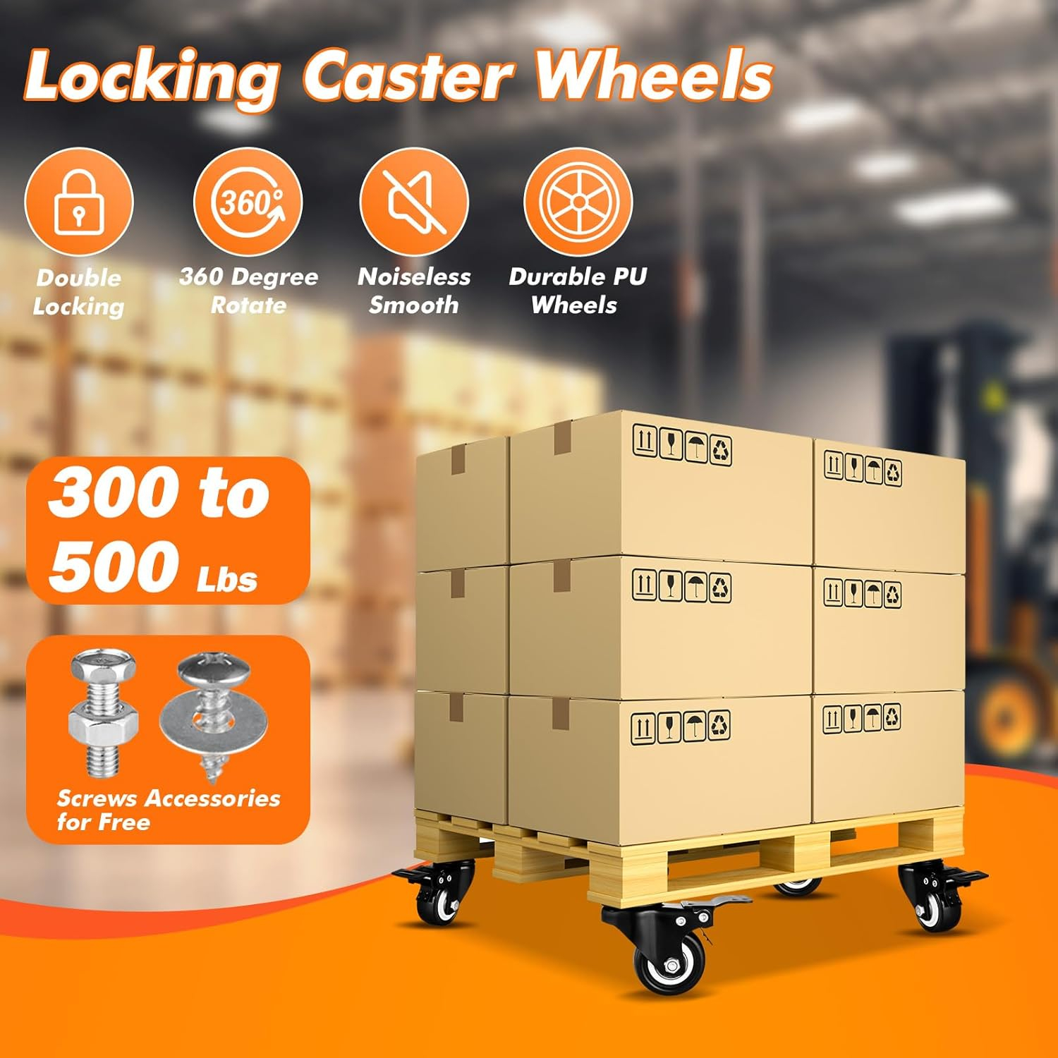 Casters Wheels Set of 4 Heavy Duty Swivel Casters 2" Double Locking Castor Wheels Set with Brake Industrial Polyurethane Metal Wheels for Workbench, Furniture, Cabinet, Wood Box, Outdoor Plate Casters