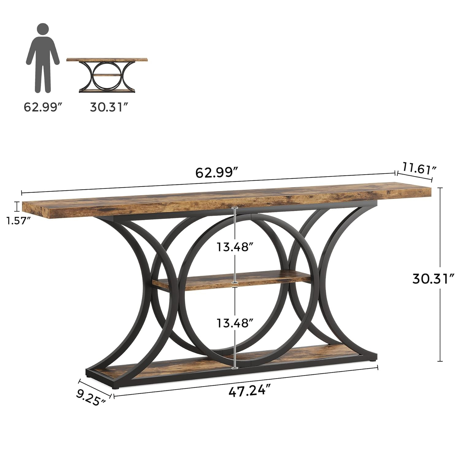 63 Inch Rustic Brown and Black Wood Metal Console Table with Storage