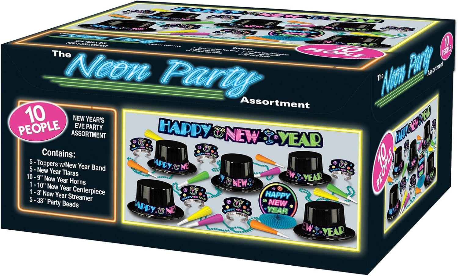 Neon New Year's Party Kit for 10 with Hats and Horns