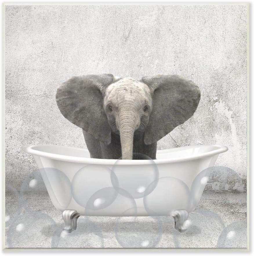Baby Elephant Bath Time Cute Animal Design By Kim Allen Unframed Print Animal Wall Art 12 in. x 12 in.