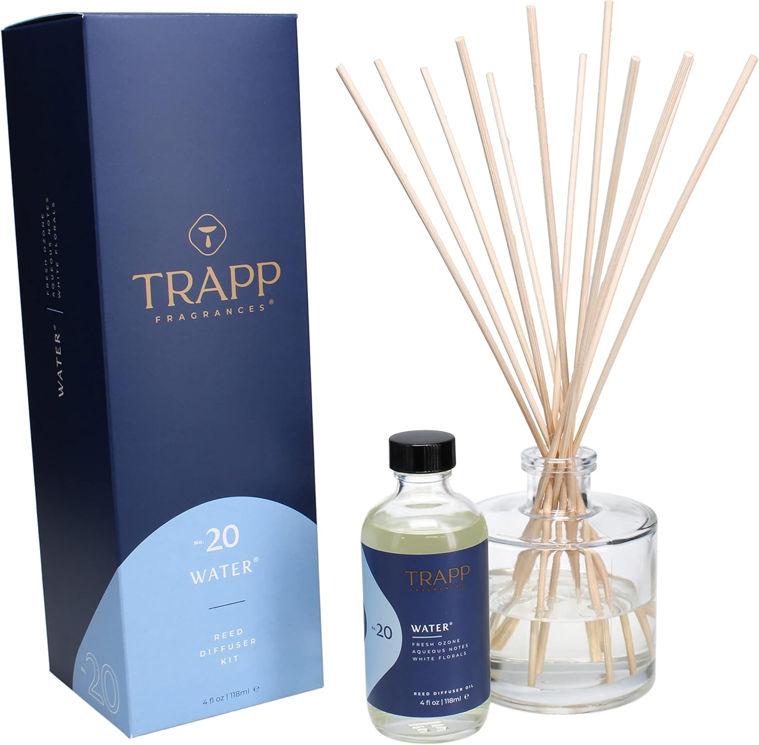Trapp - No. 20 Water - Reed Diffuser Kit - 2 Sets of 12 Reeds, Scented Diffuser Oil (4 oz.), Vase - Long Lasting Scent Notes of Fresh Ozone, Aqueous Notes, and White Florals