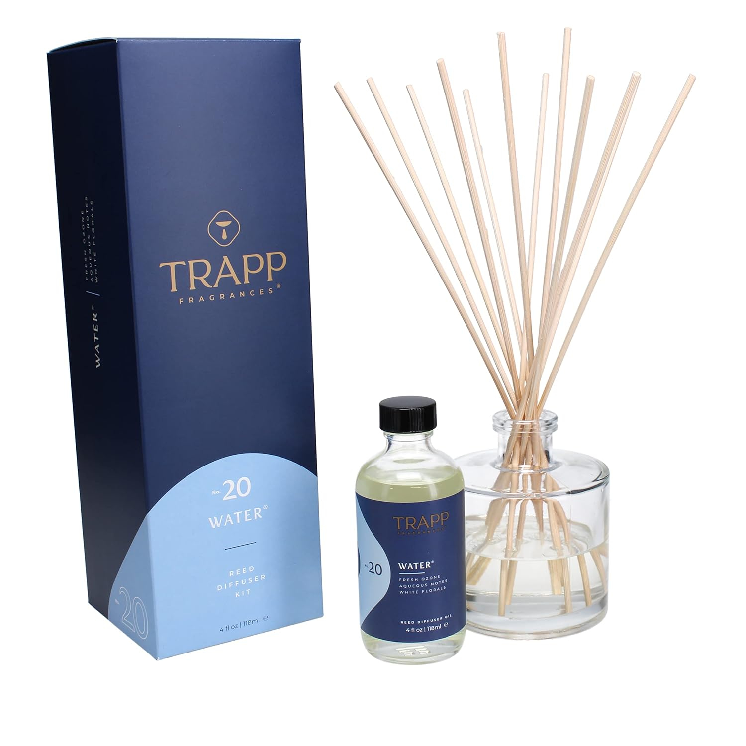 Trapp - No. 20 Water - Reed Diffuser Kit - 2 Sets of 12 Reeds, Scented Diffuser Oil (4 oz.), Vase - Long Lasting Scent Notes of Fresh Ozone, Aqueous Notes, and White Florals
