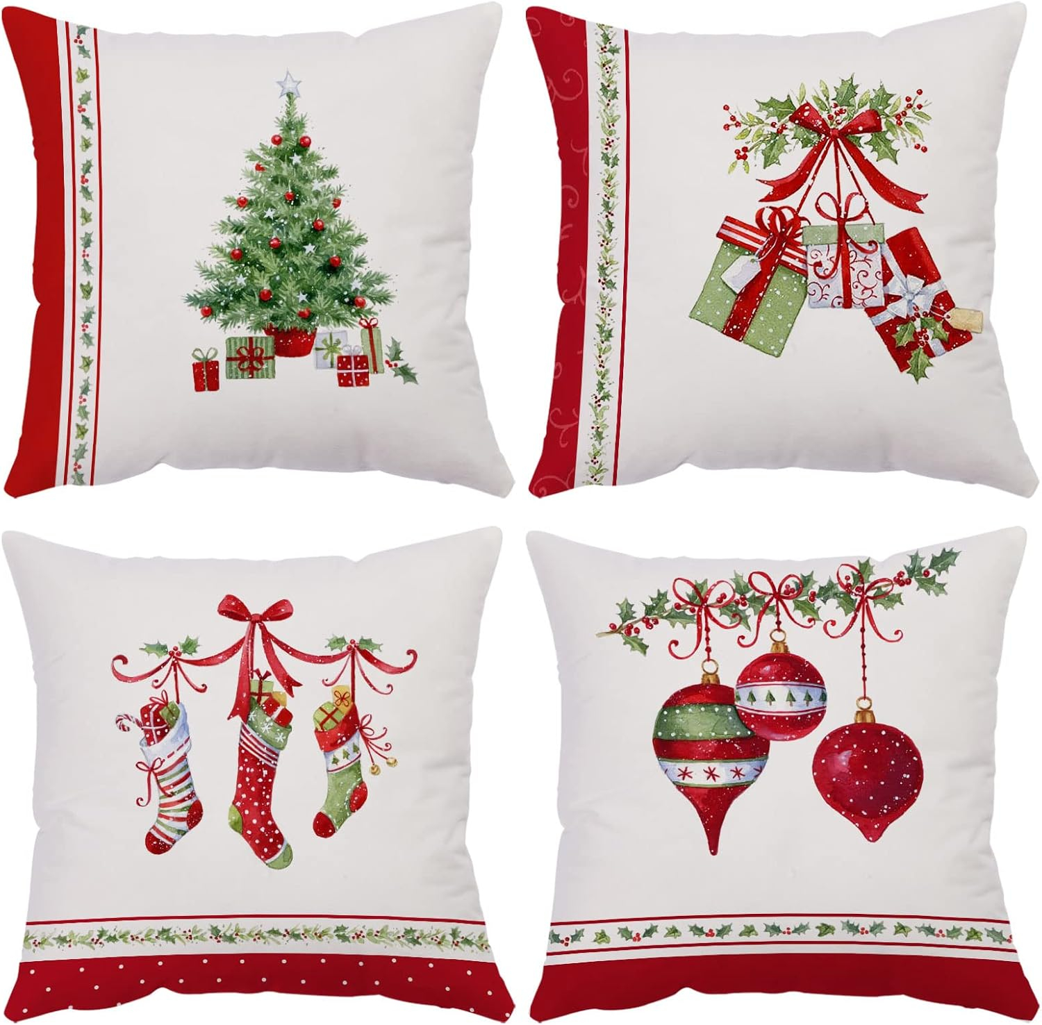 Set of 4 Merry Christmas Decorative Throw Pillow Covers Winter Holiday Xmas Velvet Pillow Cases Christmas Trees Socks Cushion Covers Outdoor Sofa and Home Decor Pillow Protectors 18x18 Inch