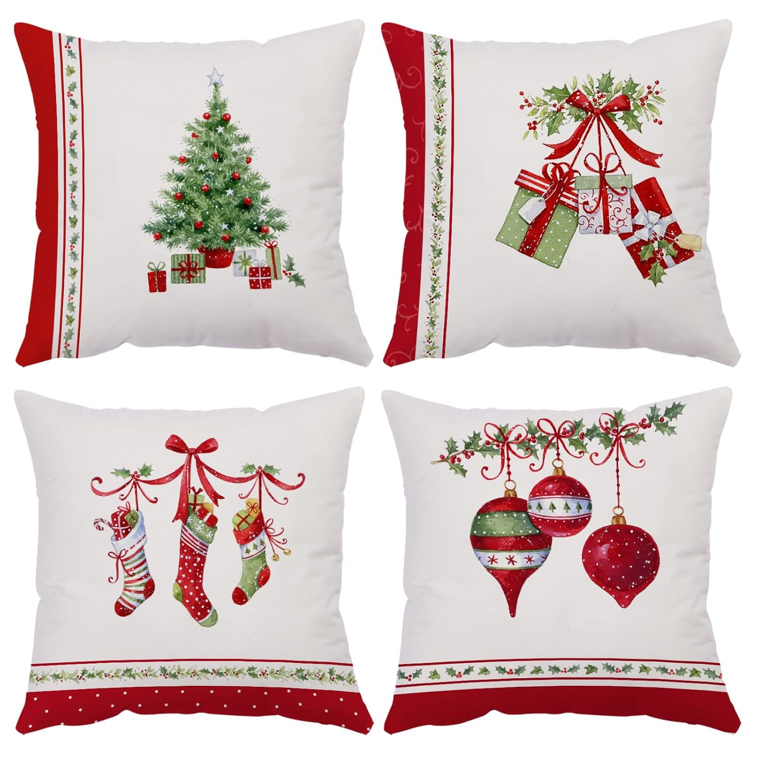 Set of 4 Merry Christmas Decorative Throw Pillow Covers Winter Holiday Xmas Velvet Pillow Cases Christmas Trees Socks Cushion Covers Outdoor Sofa and Home Decor Pillow Protectors 18x18 Inch