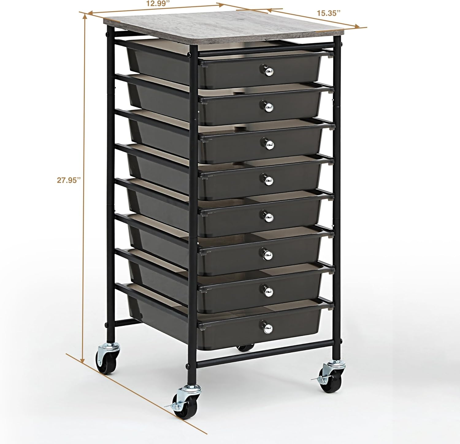 Compact Black Metal and Wood Rolling Storage Cart with 8 Drawers
