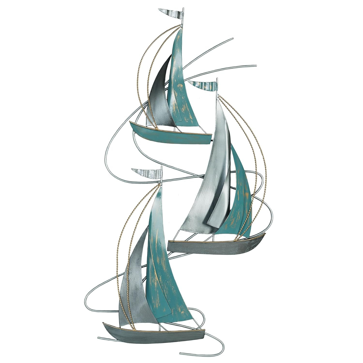 Aqua and Silver Metal Sailboat Wall Sculpture, 34" Tall