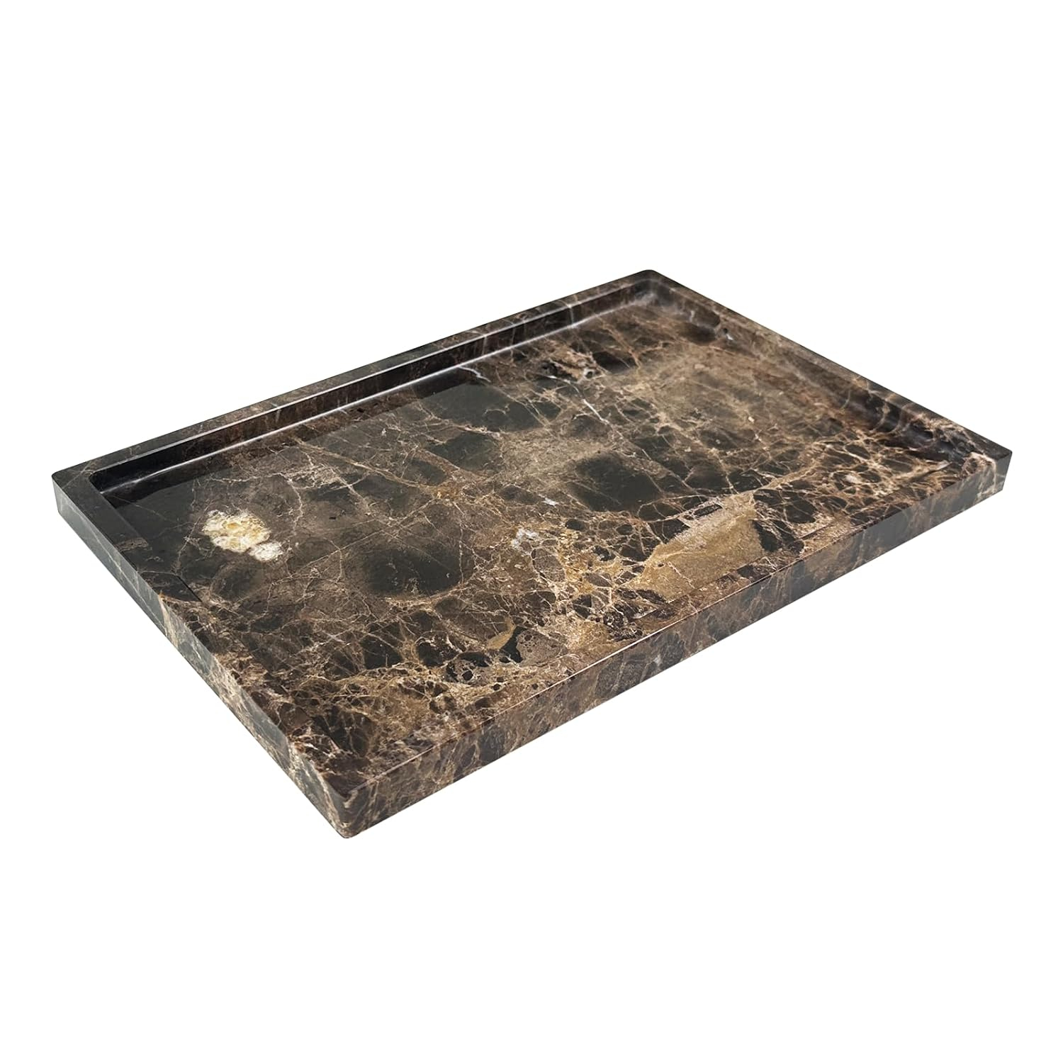 Natural Marble Tray for Bathroom Countertop, Dark Brown Marble Stone Tray for Kitchen Counter (Coffee Net, 12" x 8")