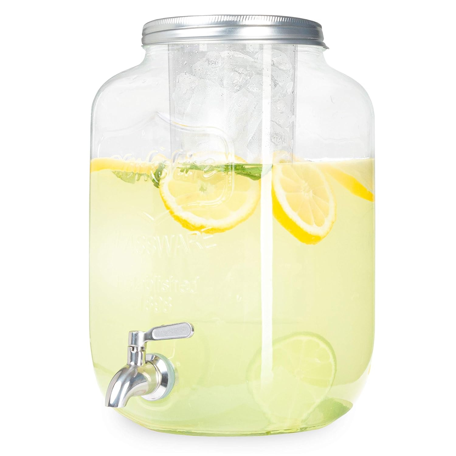 Crutello Outdoor Glass Beverage Dispenser with Stainless Steel Spigot & Ice Cylinder - 2 Gallon Drink Dispenser for Tea, Lemonade, Cold Water & More - A Family-Owned American Brand