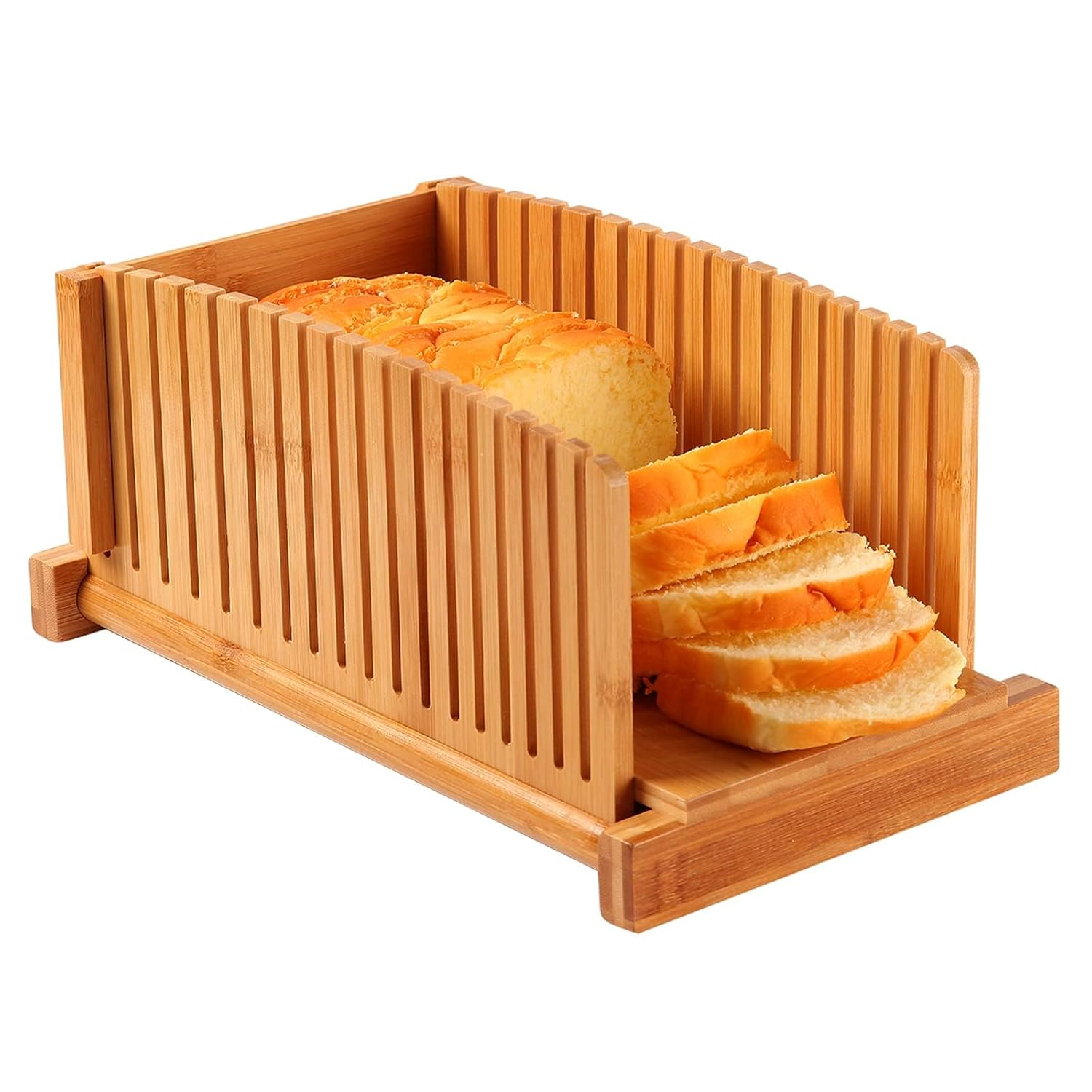 Premium Bamboo Bread Slicer for Homemade Bread, Crumb Catcher, Foldable and Compact Loaf Cutter 3 Size Slicing Guide