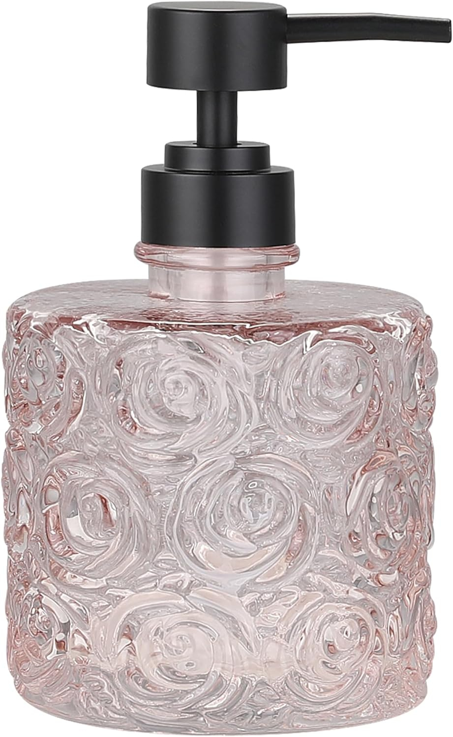 Marcella Glass Soap Dispenser with Soap Pump, Refillable 14 Ounce Capacity, Floral Design Rose Patterns, Heavy Weight Thick Glass for Bathroom, Premium Kitchen Soap Dispenser Peach Blush