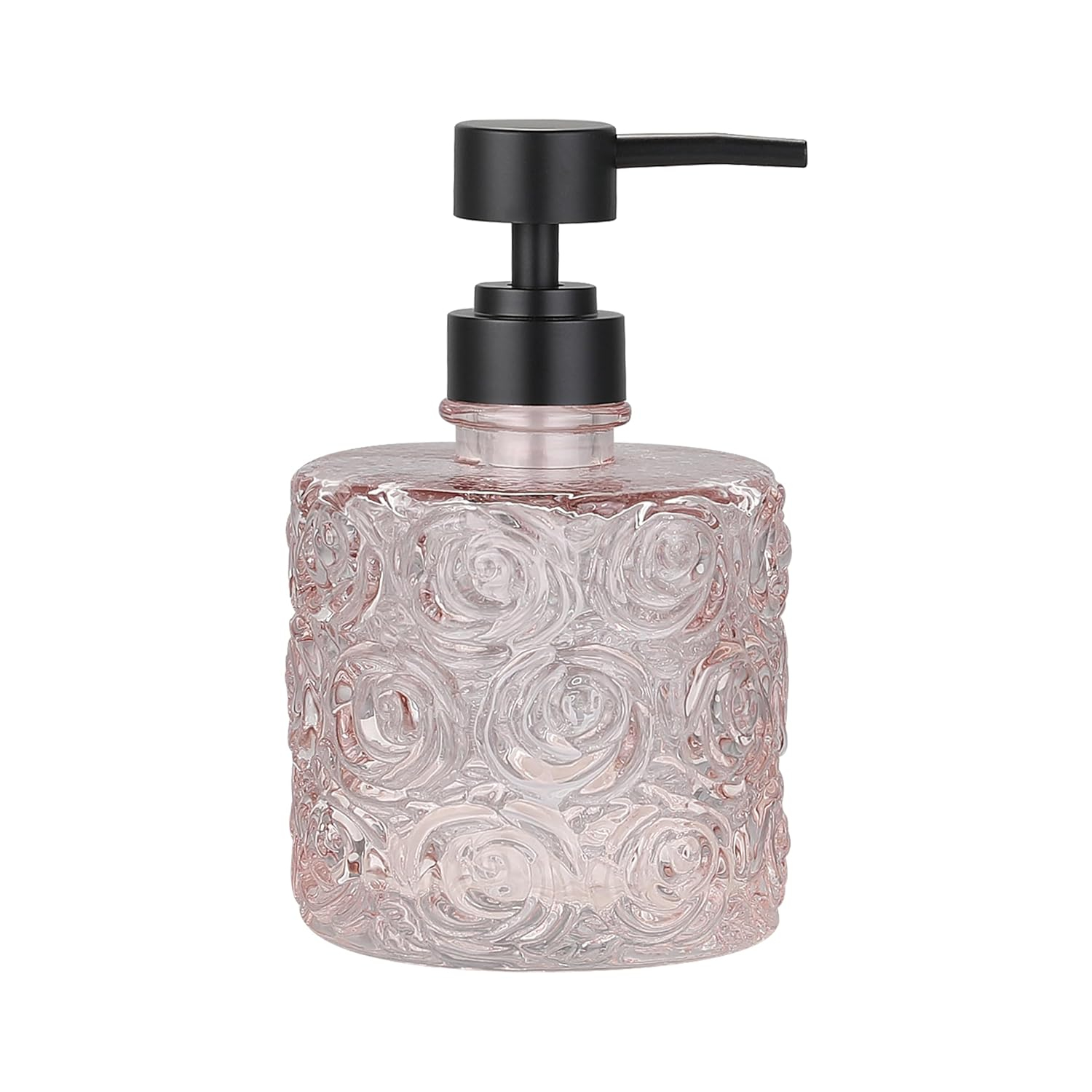 Marcella Glass Soap Dispenser with Soap Pump, Refillable 14 Ounce Capacity, Floral Design Rose Patterns, Heavy Weight Thick Glass for Bathroom, Premium Kitchen Soap Dispenser Peach Blush
