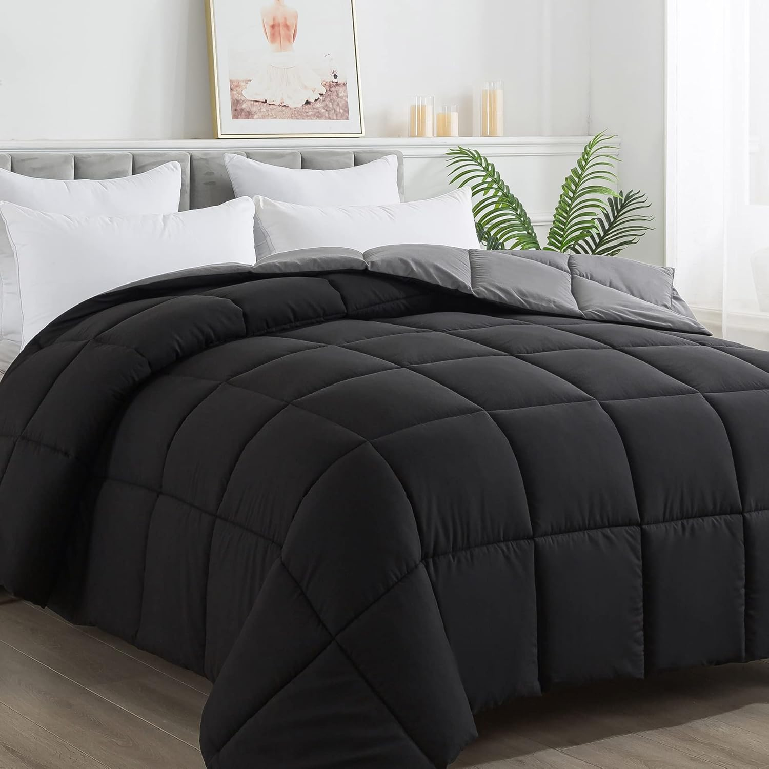 ELNIDO QUEEN® All-Season Reversible Down Alternative Quilted Comforter- Corner Duvet Tabs-Machine Washable-Duvet Insert or Stand – Alone Lightweight Comforter- Black/Gray -Twin Size(64×88 Inch)