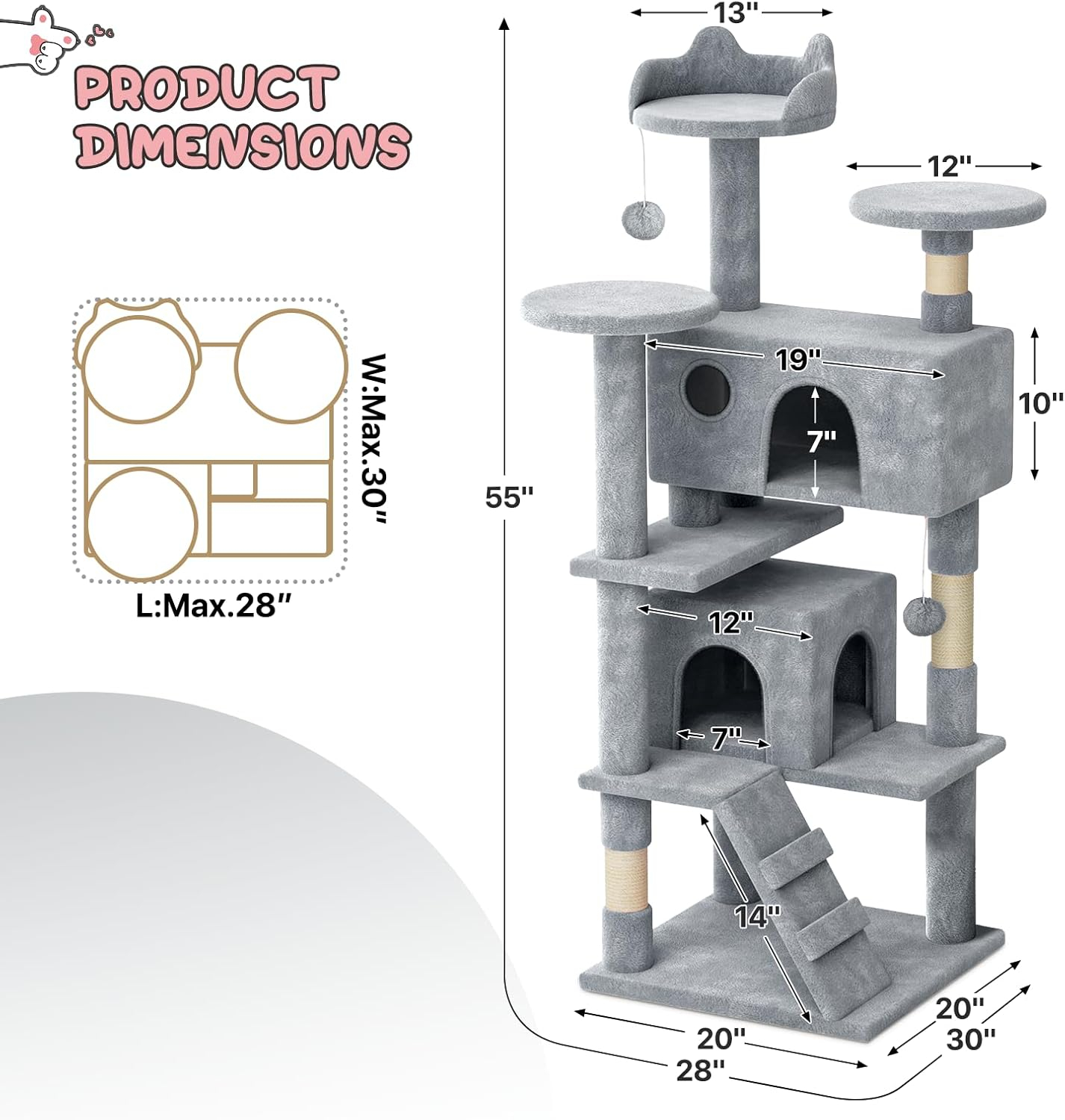 MoNiBloom 54.5" Multi-Level Cat Tree Condo Cat Tower with Scratching Posts & Plush Perch, Light Gray