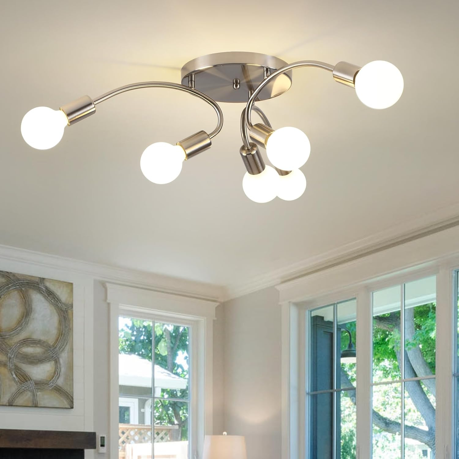 Modern Sputnik Chandeliers, 6-Light Ceiling Light Fixture for Bedroom, Kitchen, Dining Room, Living Room, Black with E26 Bulb Base