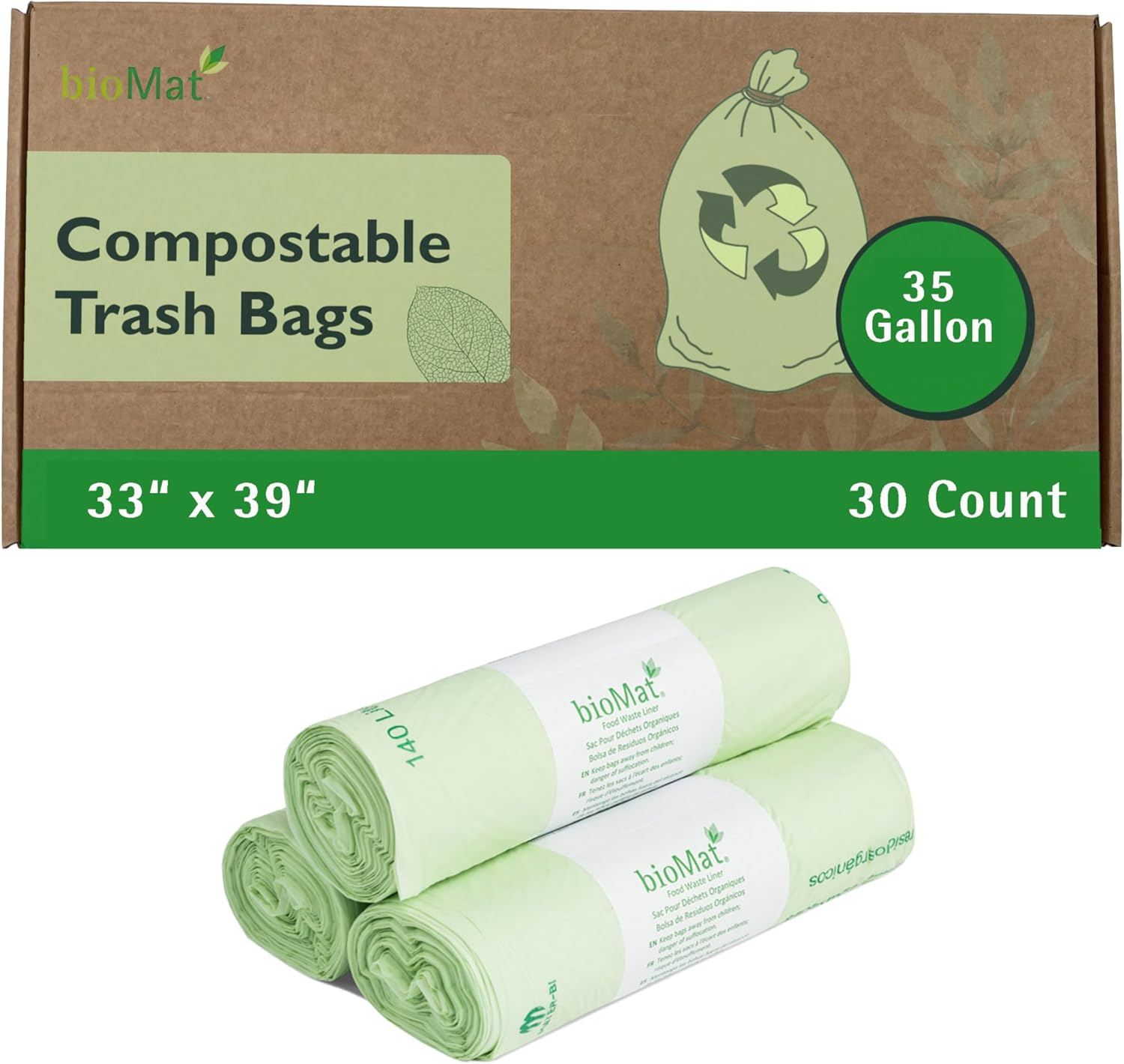 bioMat 35 Gallon Compostable Trash Bags; 30 Count, BPI ASTM D6400; Tear Resistant & Leak Proof Compostable Bags for Kitchen Compost Bin