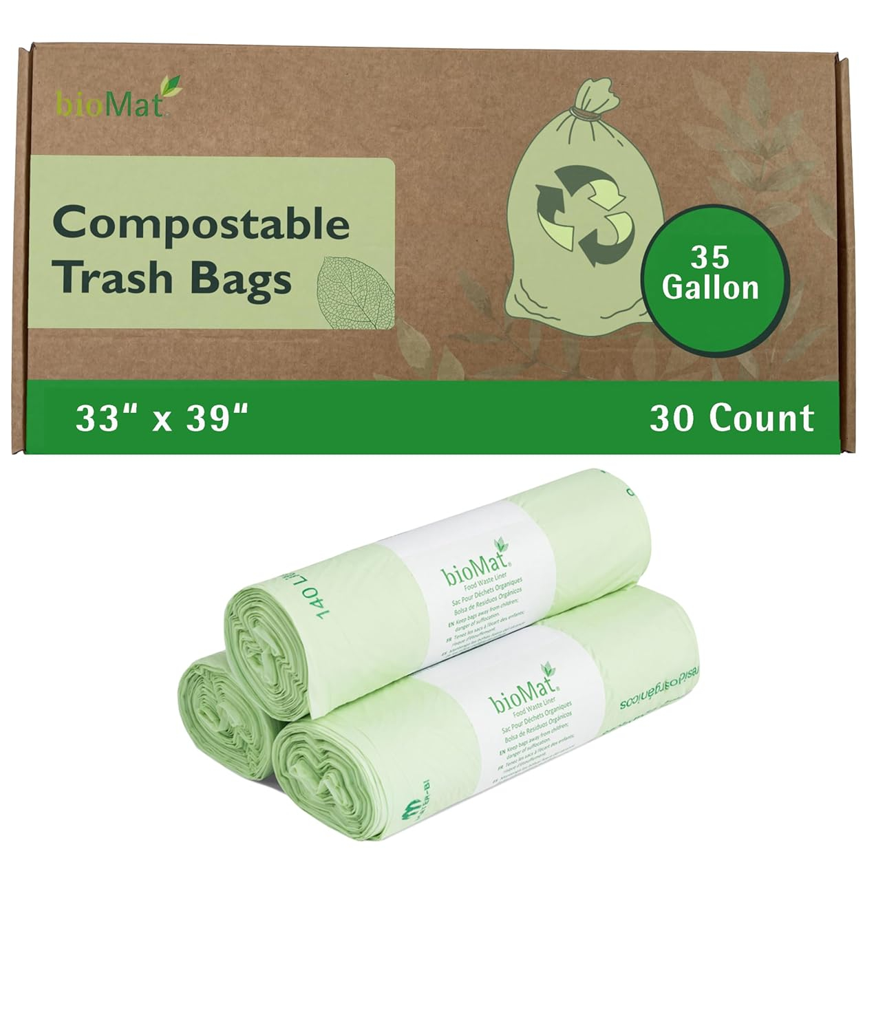 bioMat 35 Gallon Compostable Trash Bags; 30 Count, BPI ASTM D6400; Tear Resistant & Leak Proof Compostable Bags for Kitchen Compost Bin