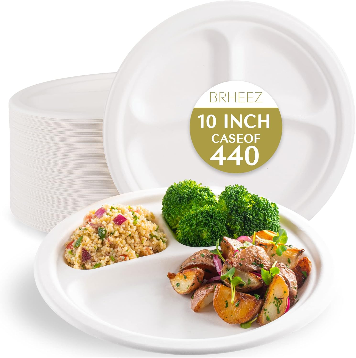 Brheez Heavy Duty Round 3-Compartment Disposable Plates - 100% Biodegradable & Compostable Sugarcane, 10", 440-pack