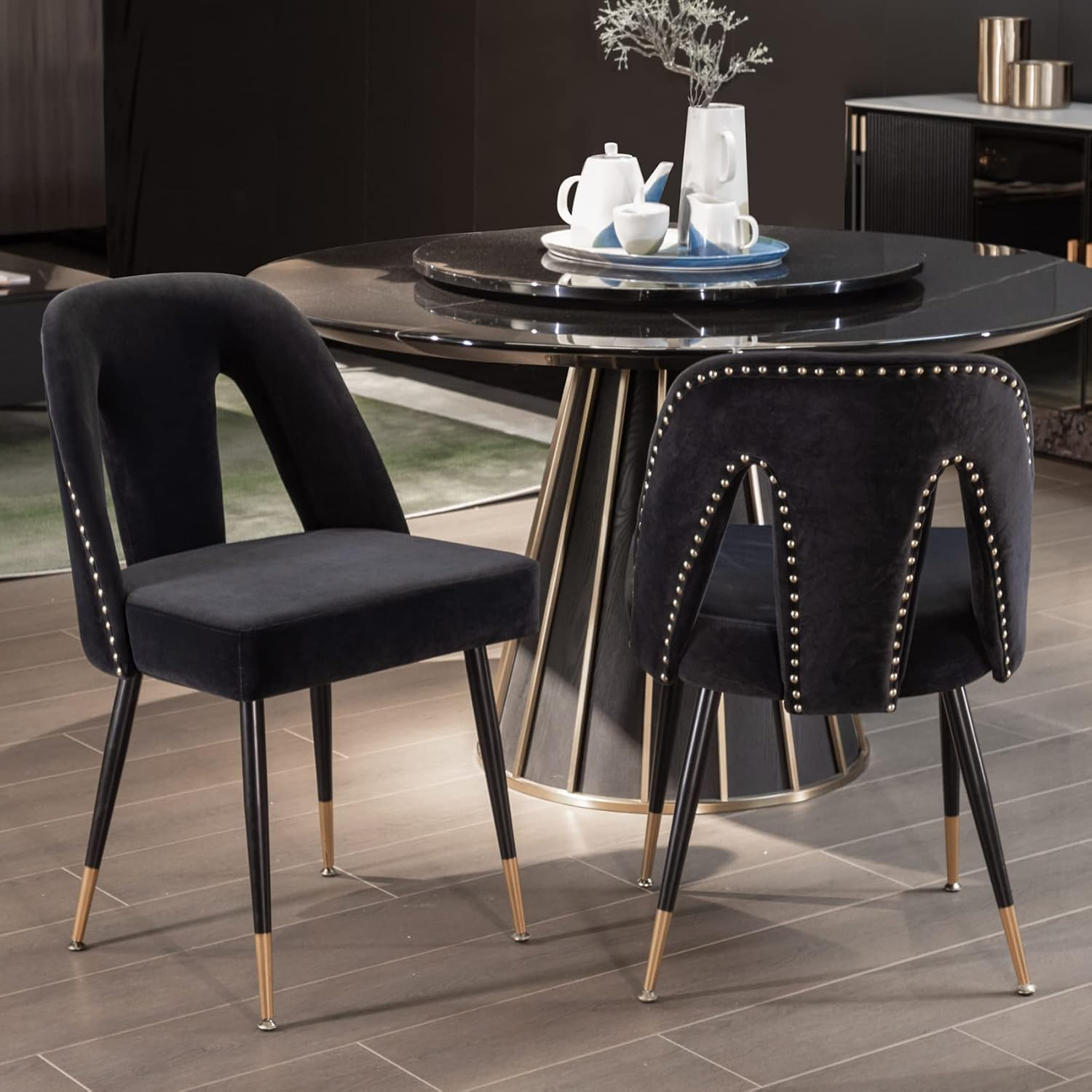 Aoowow Modern Dining Chairs Set of 2, Velvet Upholstered Side Chairs with Nailheads and Gold Tipped Black Metal Legs (Black)