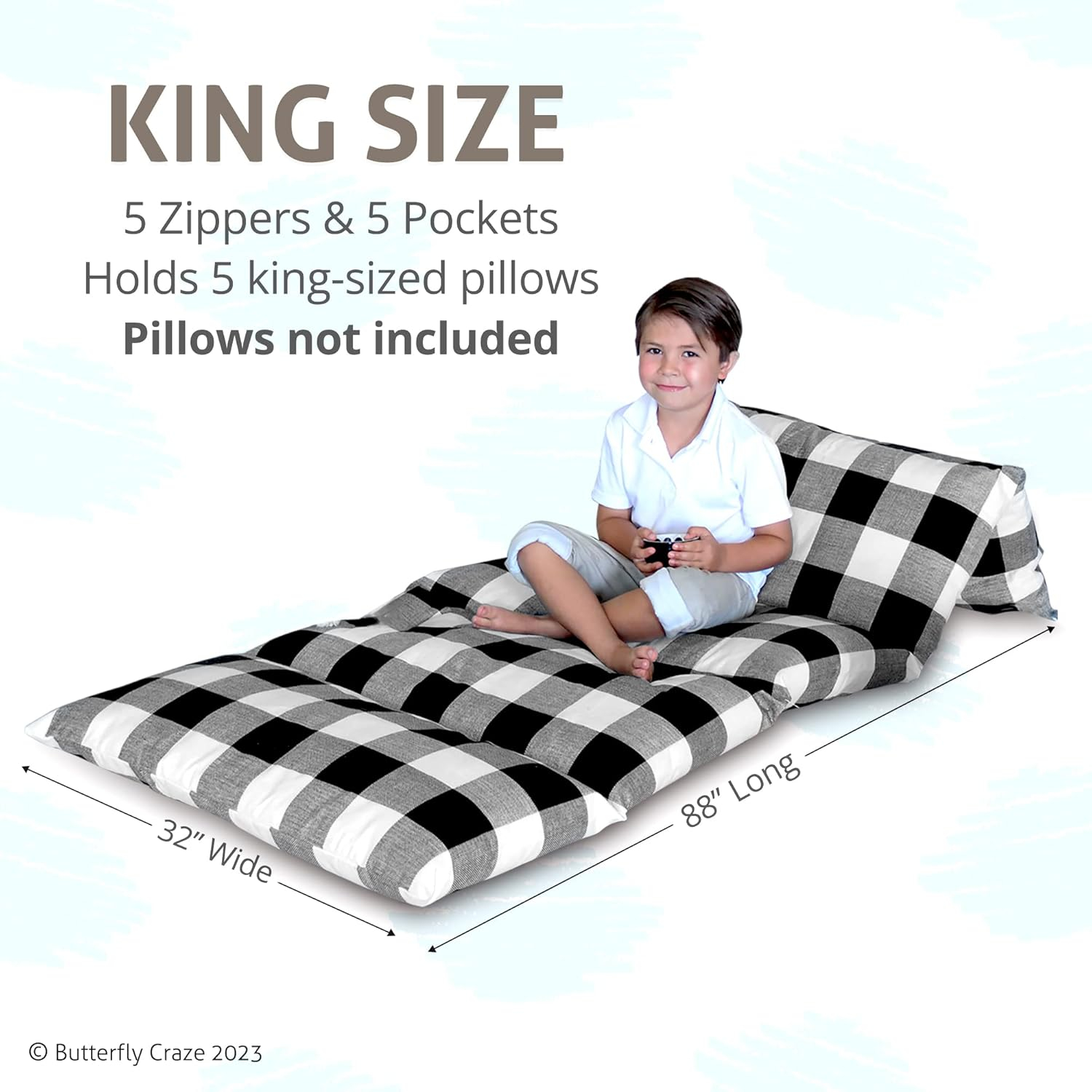 Butterfly Craze Butterfly Craze Floor Pillow Case, Mattress Bed Lounger Cover, Black/White Plaid, King Size - for Kids & Adults