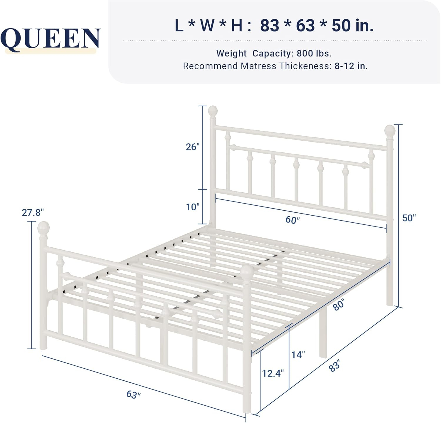 Allewie 14 Inch Queen Size Metal Platform Bed Frame with Victorian Vintage Headboard and Footboard/Mattress Foundation/Under Bed Storage/No Box Spring Needed/Easy Assembly/Noise Free/White