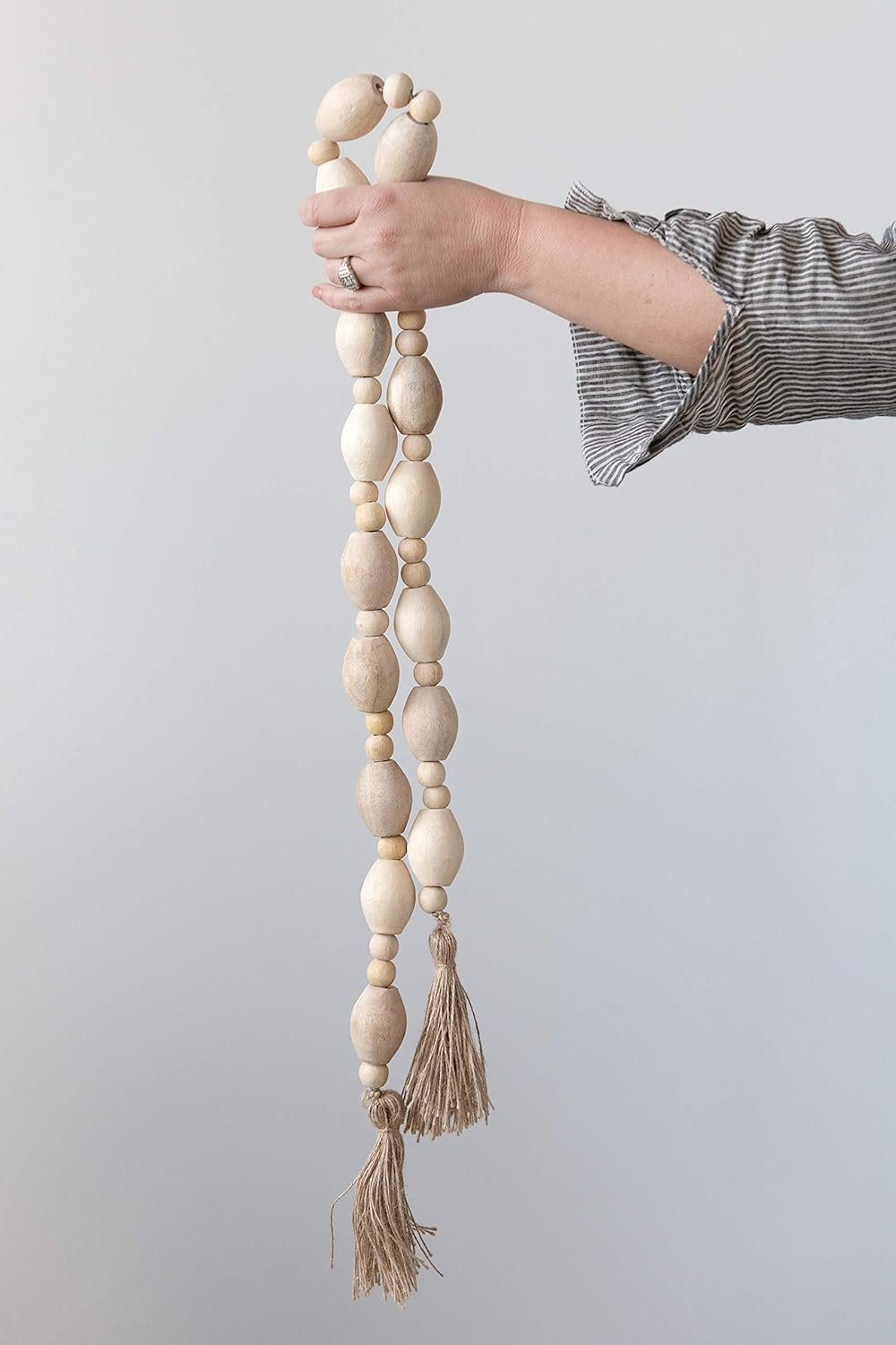 Creative Co-Op 60"L Mango Wood Bead Garland with Jute Tassels