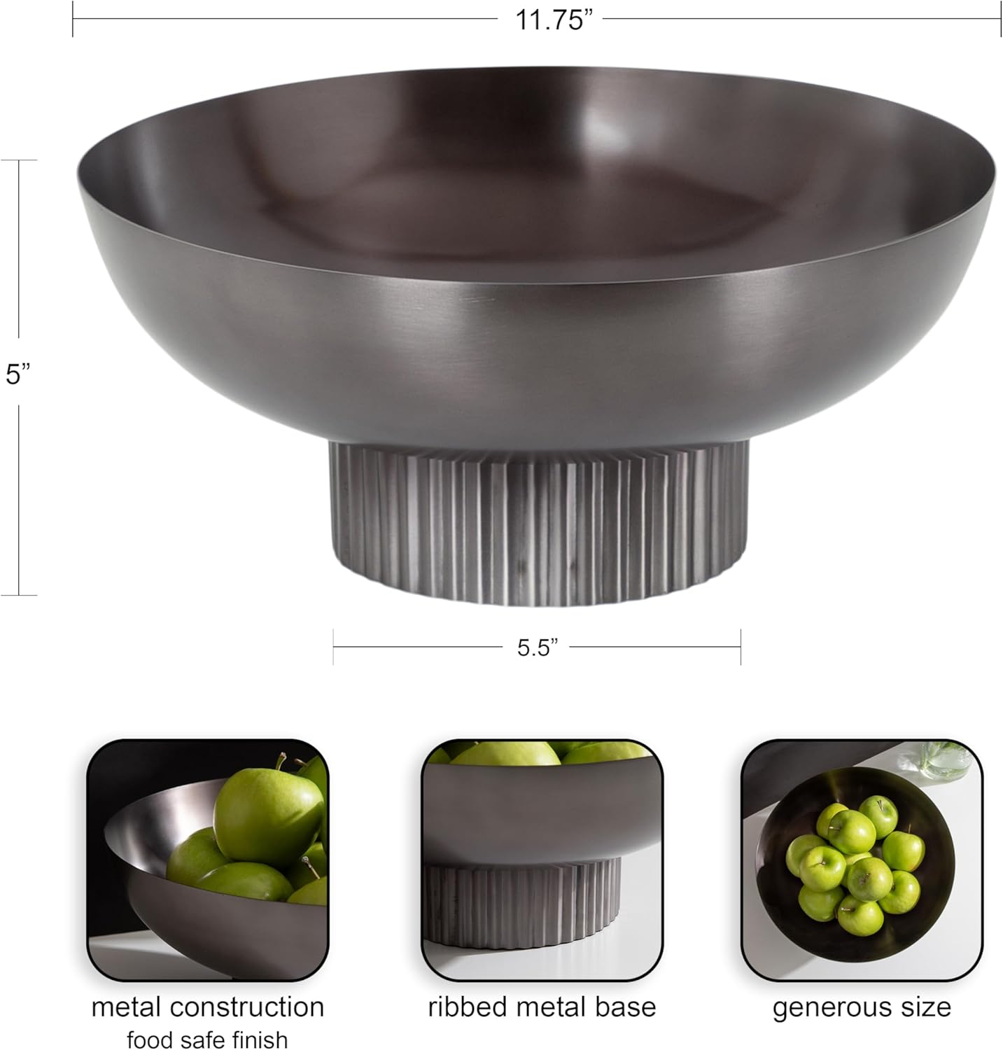 Kate and Laurel Rooks Ribbed Decorative Metal Bowl, 12 Inch Diameter, Gray Gunmetal, Modern Raised Fruit Bowl for Kitchen Counter or Use as a Key Bowl for an Entryway Table