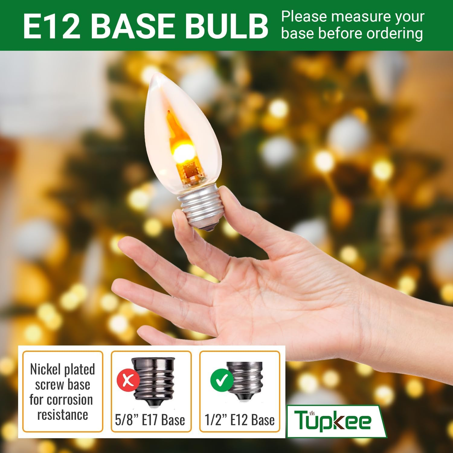 Tupkee LED Flickering Flame Bulb  C7, E12 Base, 0.06 Watt, Flicker Flame LED Bulb with a Warm Glow That Flickers and Dances Up and Down - for Halloween, Christmas Candolier Window Candle - 2/Pkg