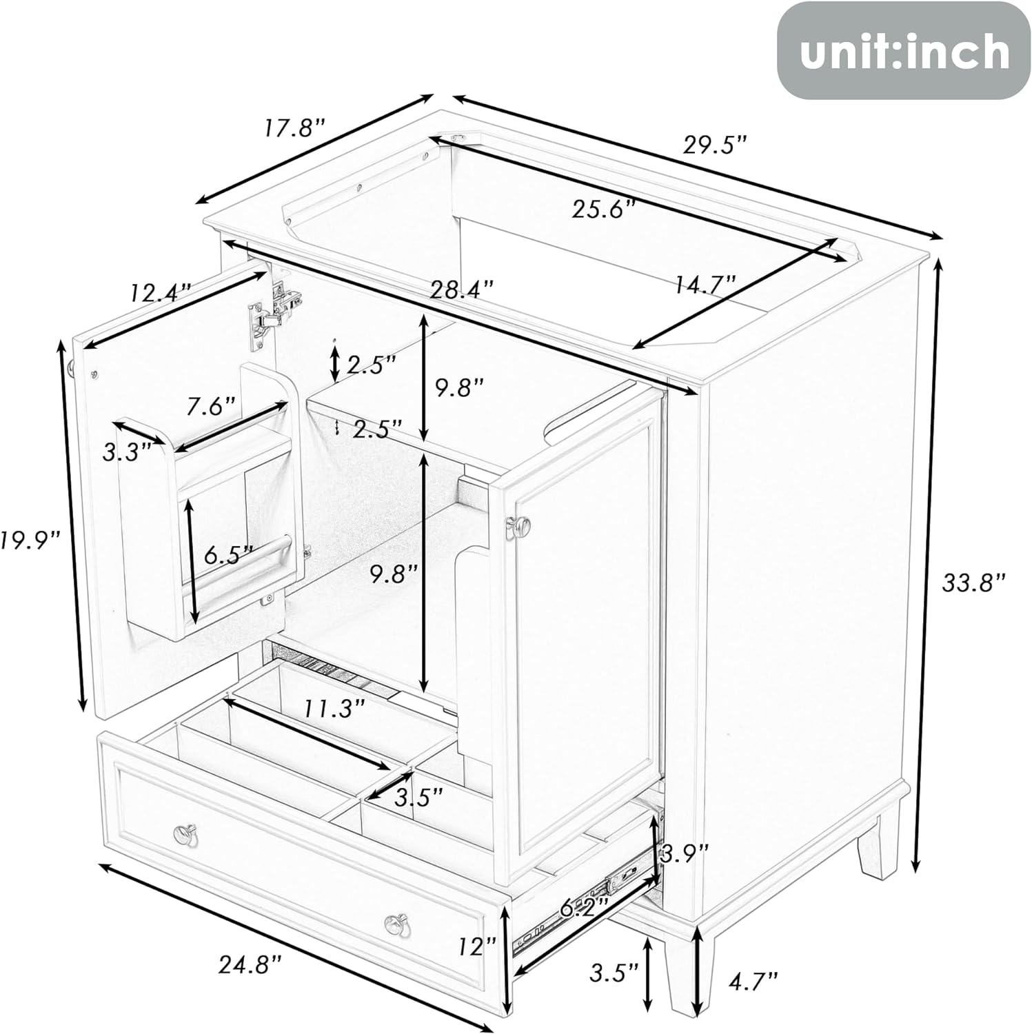 Harper & Bright Designs 30" Bathroom Vanity Without Sink, Free Standing Wooden Bathroom Cabinet with 2 Doors and Drawer for Bathroom, White (Sink Basin Not Included)