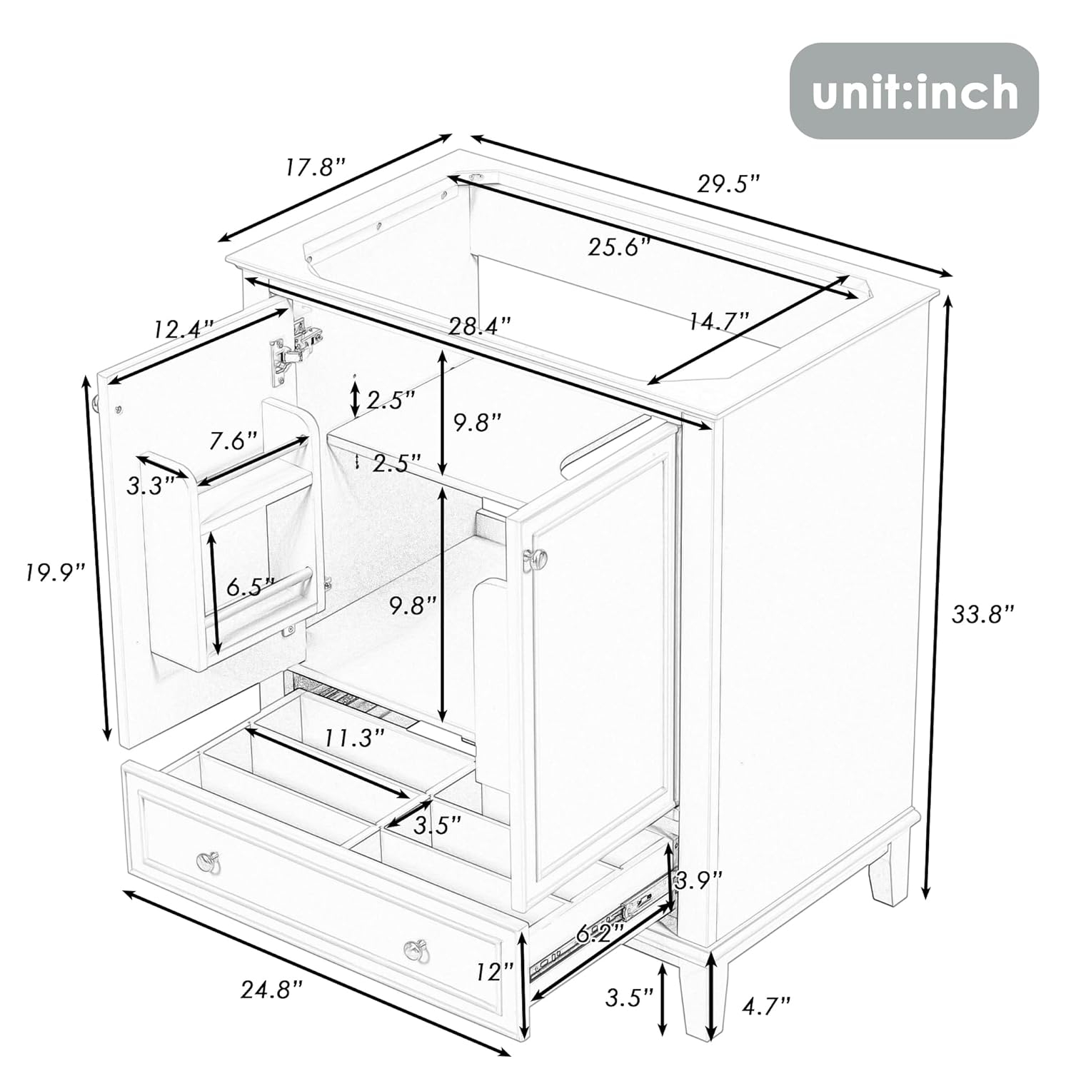 Harper & Bright Designs 30" Bathroom Vanity Without Sink, Free Standing Wooden Bathroom Cabinet with 2 Doors and Drawer for Bathroom, White (Sink Basin Not Included)