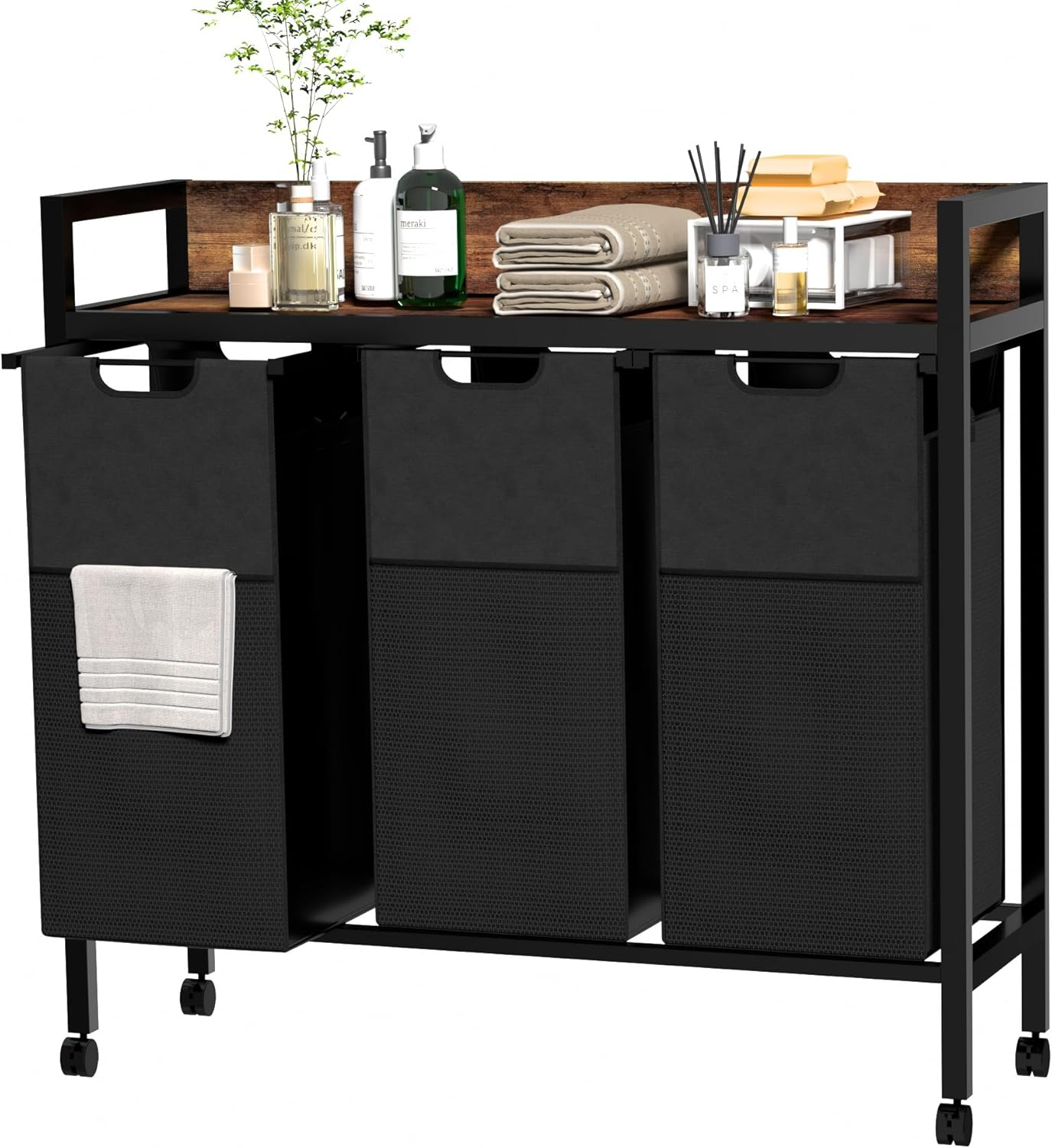 Laundry Sorter 3 Section,360°Rolling Laundry Basket,3 Pull-Out and Removable Oxford Fabric Laundry Bags(144L),Rustic Brown and Black