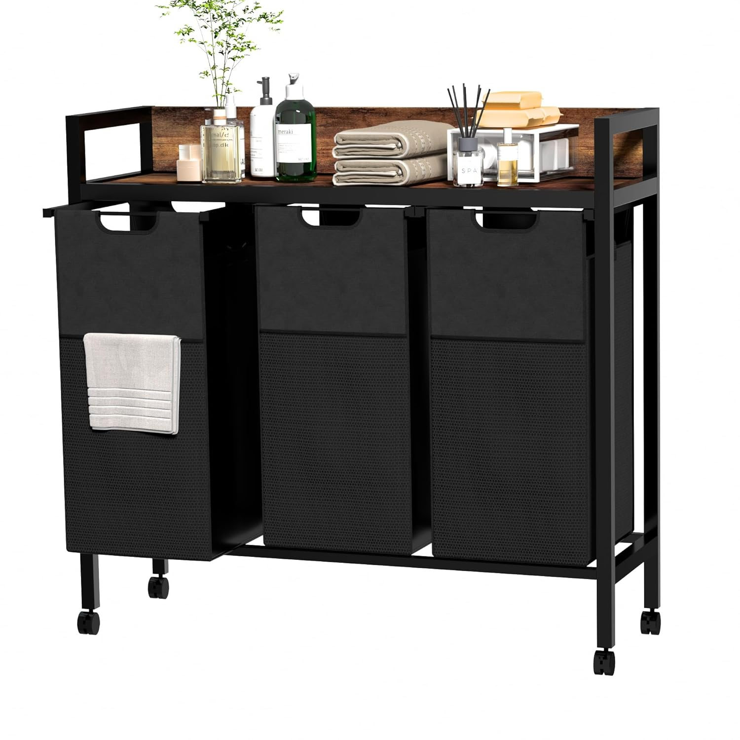 Laundry Sorter 3 Section,360°Rolling Laundry Basket,3 Pull-Out and Removable Oxford Fabric Laundry Bags(144L),Rustic Brown and Black