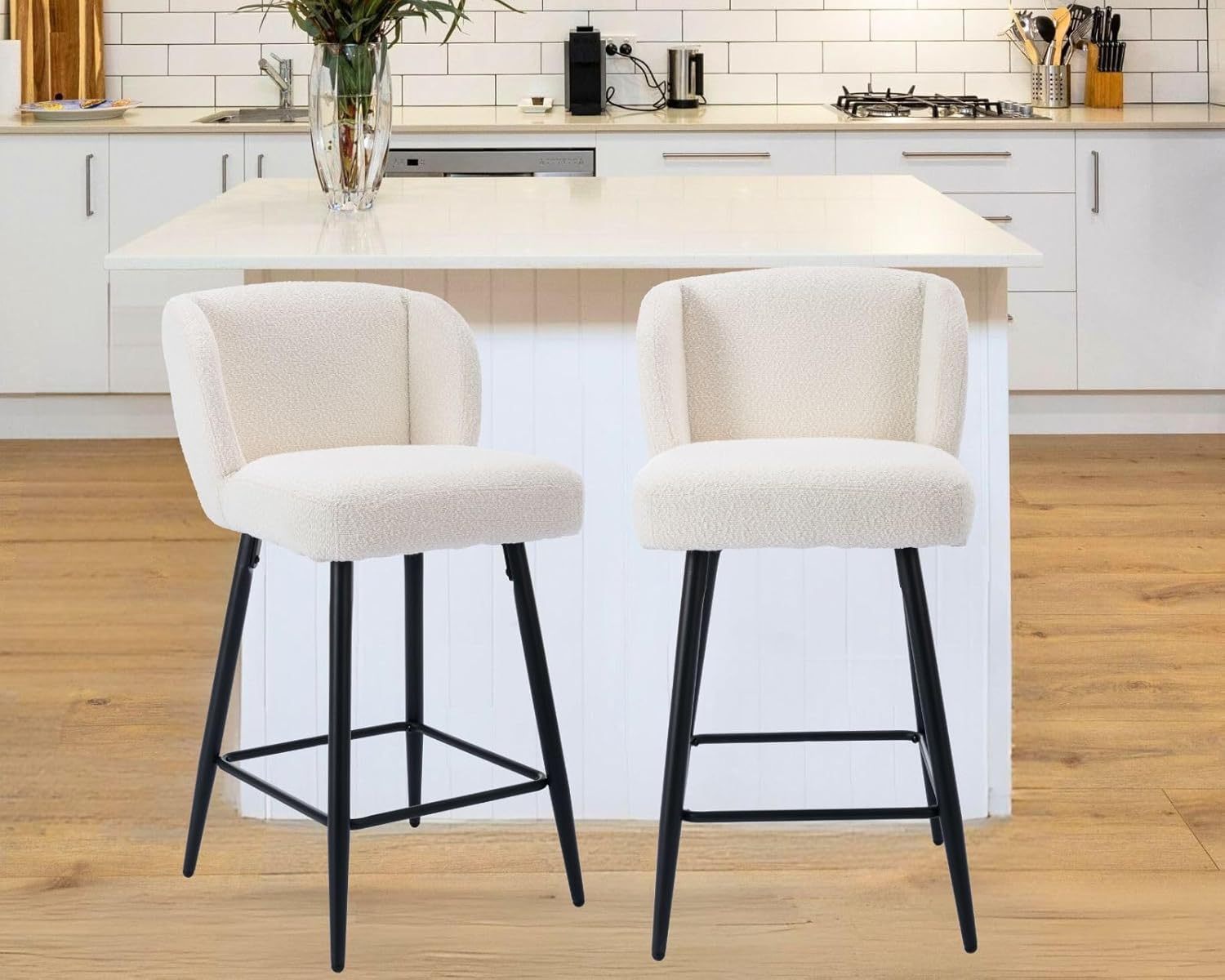 Modern Counter Height Bar Stools Set of 2, 26 Inch Faux Sherpa Upholstered Bar Stools with Back, 18" Seat Wide Island Stools with Black Metal Frame for Kitchen Counter/Breakfast Bar/Restaurant, White