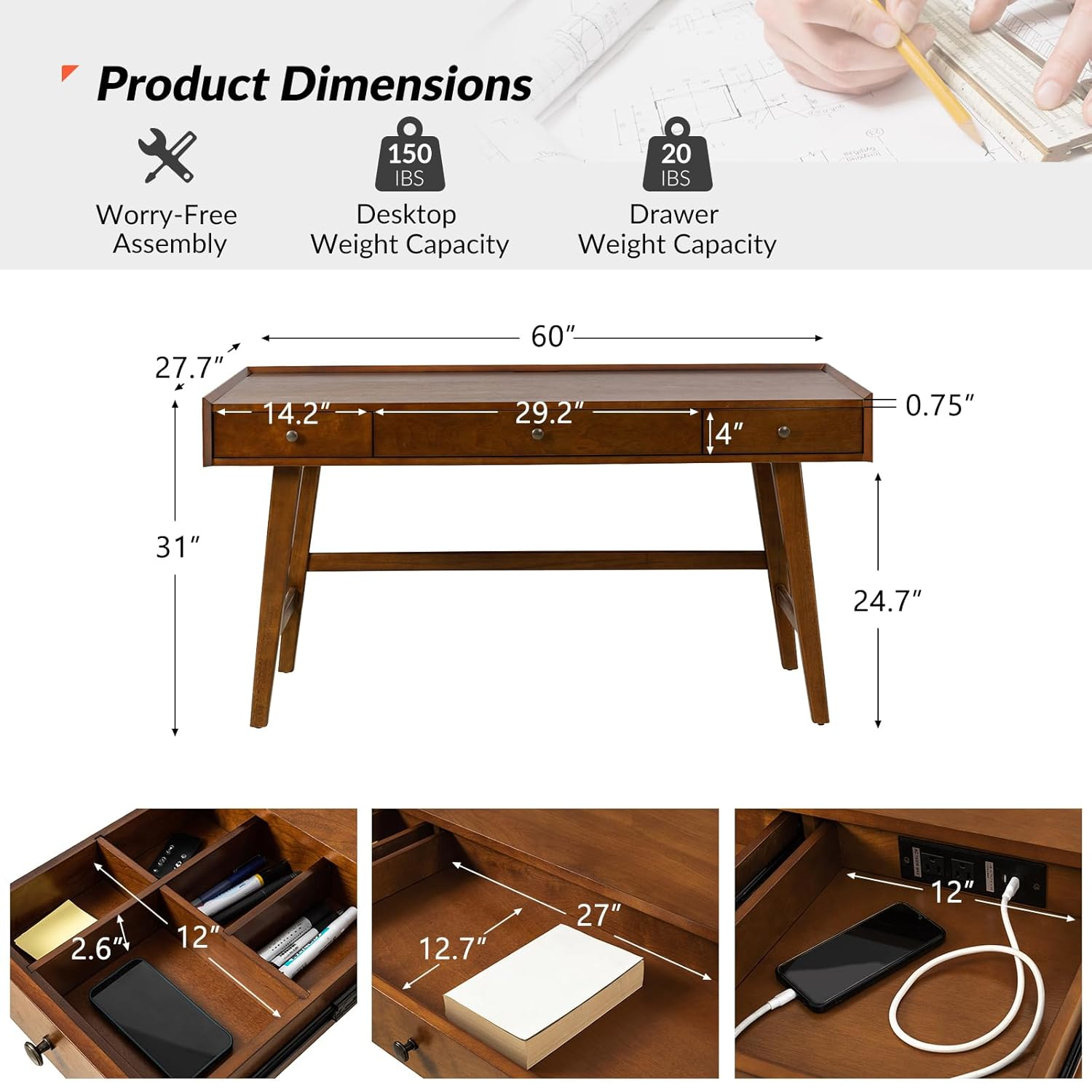 Walnut Mid-Century Modern Desk with Acorn Rubber Wood Legs and Power Outlet