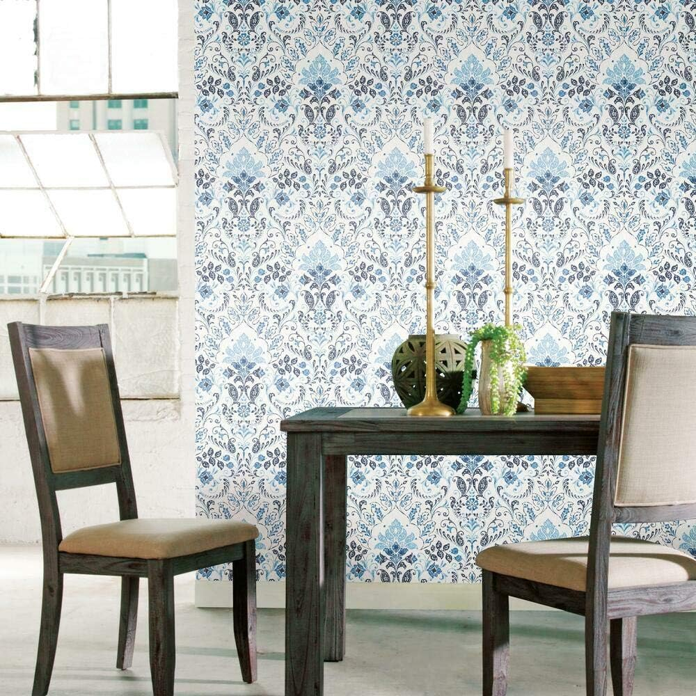 Blue and White Vinyl Damask Peel and Stick Wallpaper