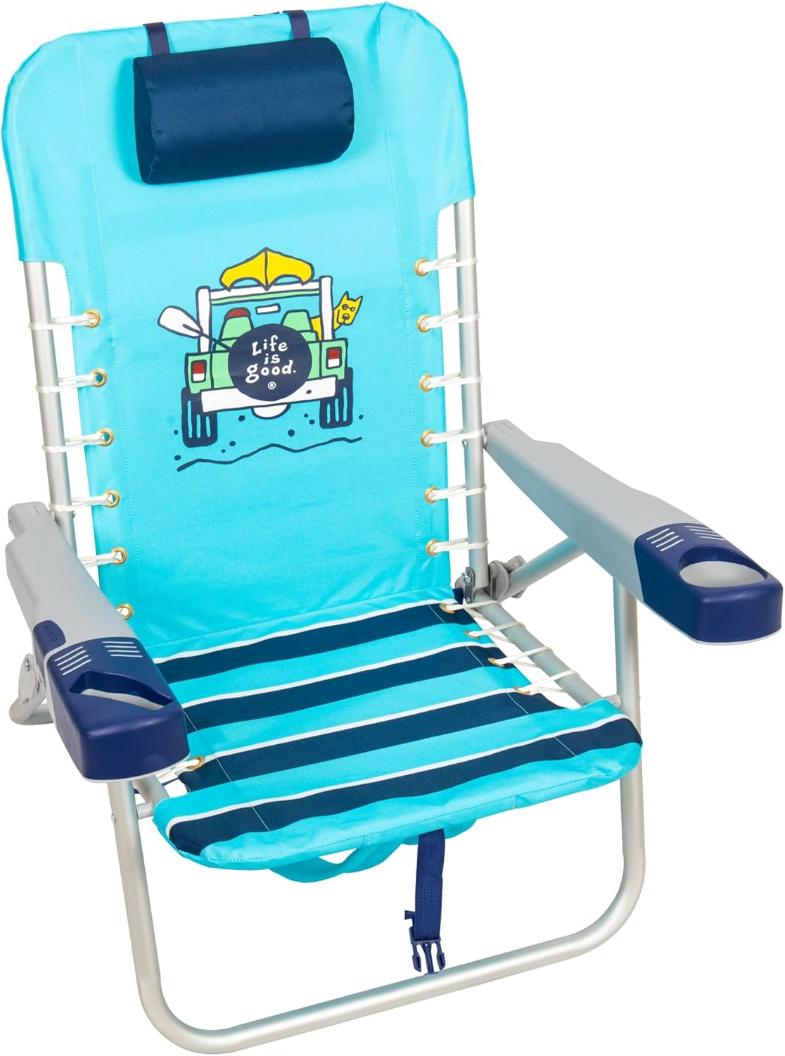 Life is Good 4-Position Lace-up Backpack Beach Chair with Pillow, Cup and Phone Holder, Island Blue