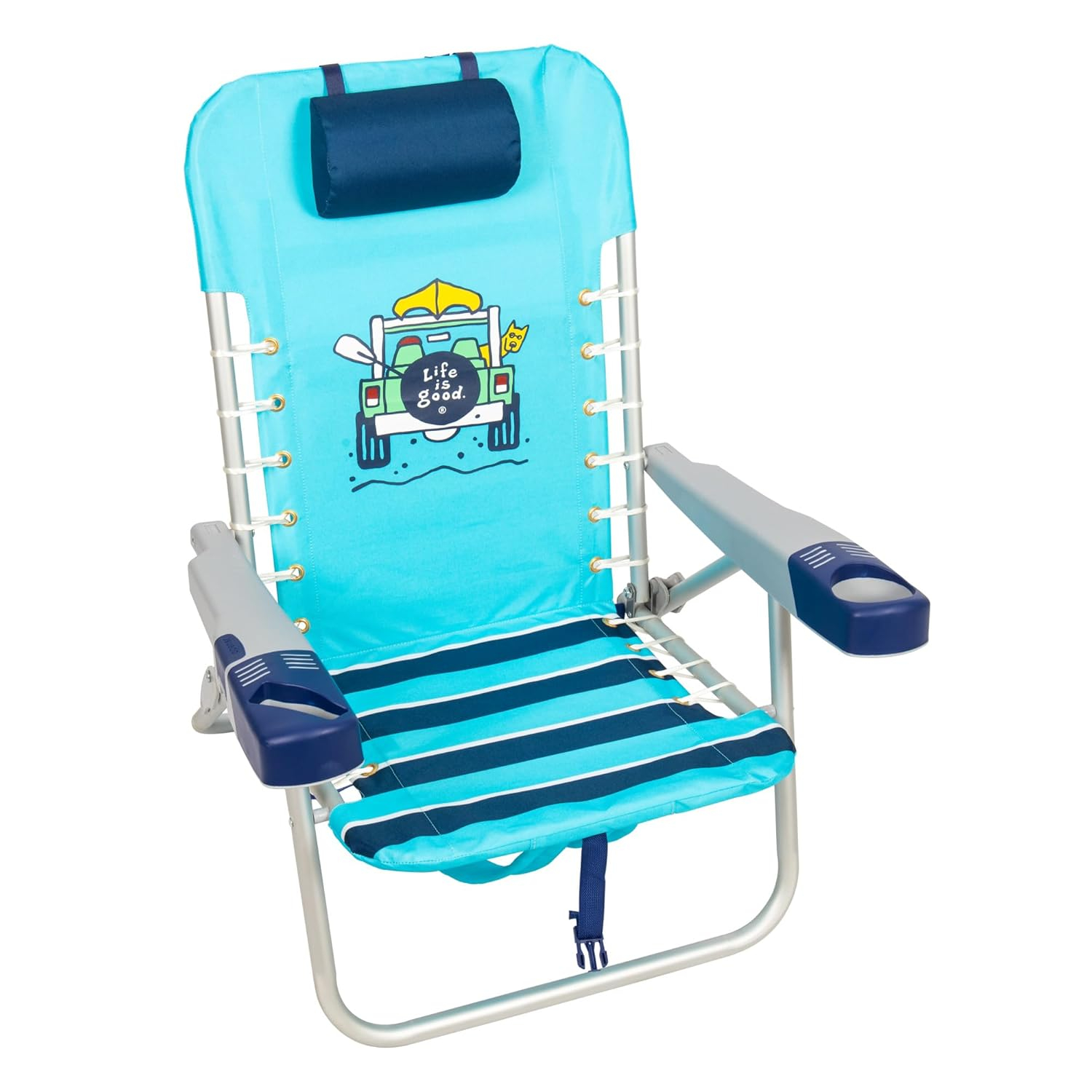 Life is Good 4-Position Lace-up Backpack Beach Chair with Pillow, Cup and Phone Holder, Island Blue