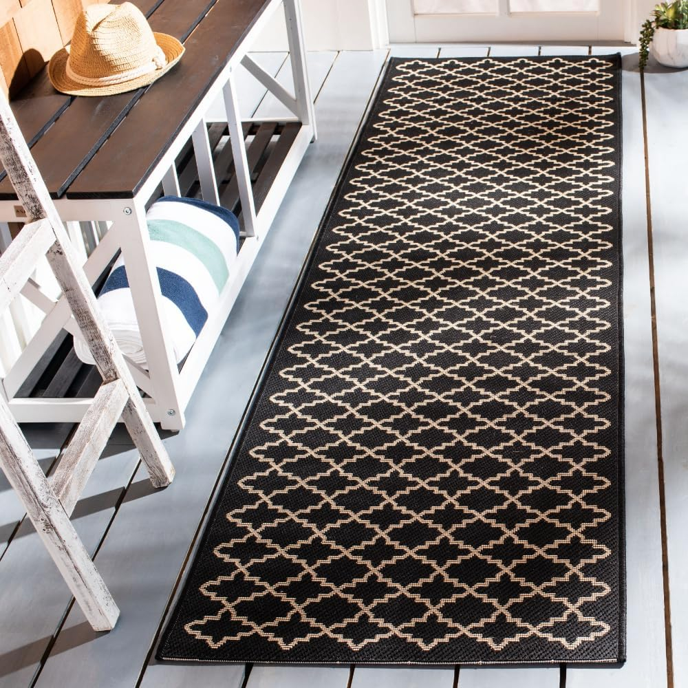 SAFAVIEH Courtyard Hilbert Geometric Indoor/Outdoor Runner Rug, Black/Beige, 2'3" x 8'