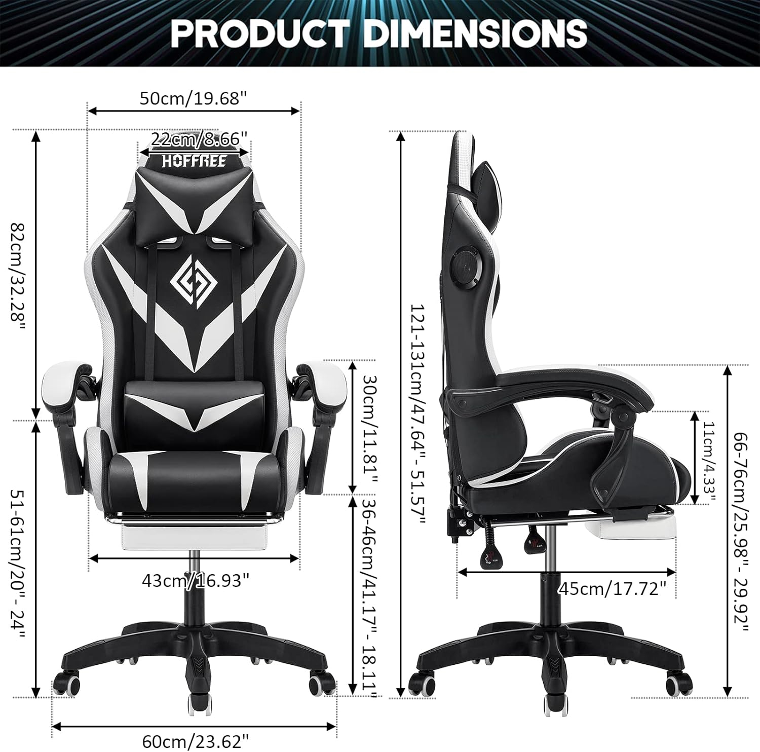 Gaming Chair with Bluetooth Speakers and RGB LED Lights Ergonomic Massage Computer Gaming Chair with Footrest Video Game Chair High Back with Lumbar Support White and Black