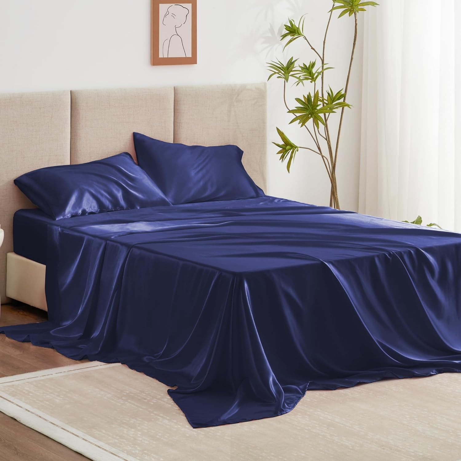 Satin Bed Sheets Full Size Sheet Sets, Navy Blue Silk Sheets, 4 - Pieces Soft Bedding Set with 1 Deep Pocket Fitted Sheet,1 Flat Sheet,2 Pillowcase