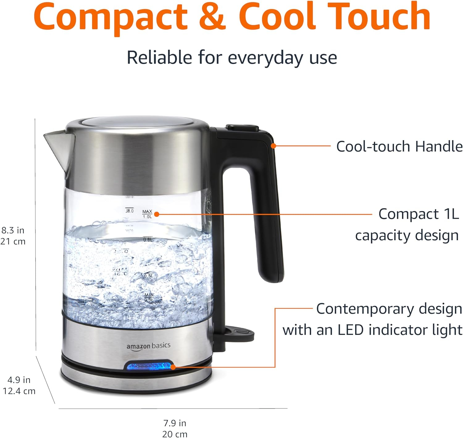 1.1-Qt (1.0L) Electric Kettle, Tea Kettle & Water Boiler, With Auto Shut-Off, Boil Dry Protection, High-Safety Strix Thermostat, BPA-Free, 1500W, Stainless Steel, Black & Silver