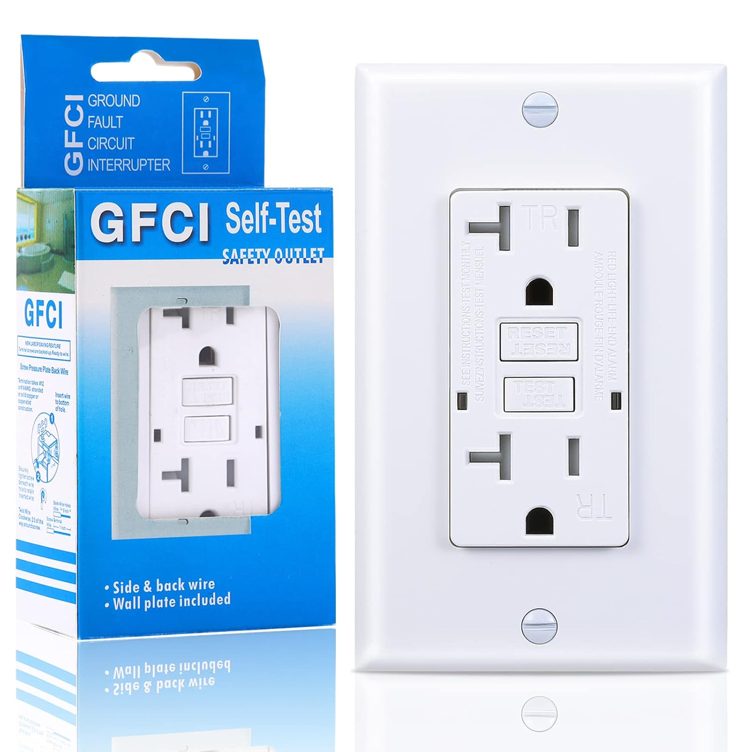 20 Amp GFCI Outlet, Tamper-Resistant GFI Receptacle with LED Indicator, Self-Test Ground Fault Circuit Interrupter, Decorator Wall Plates and Screws Included, UL Listed, White（1 Pack）