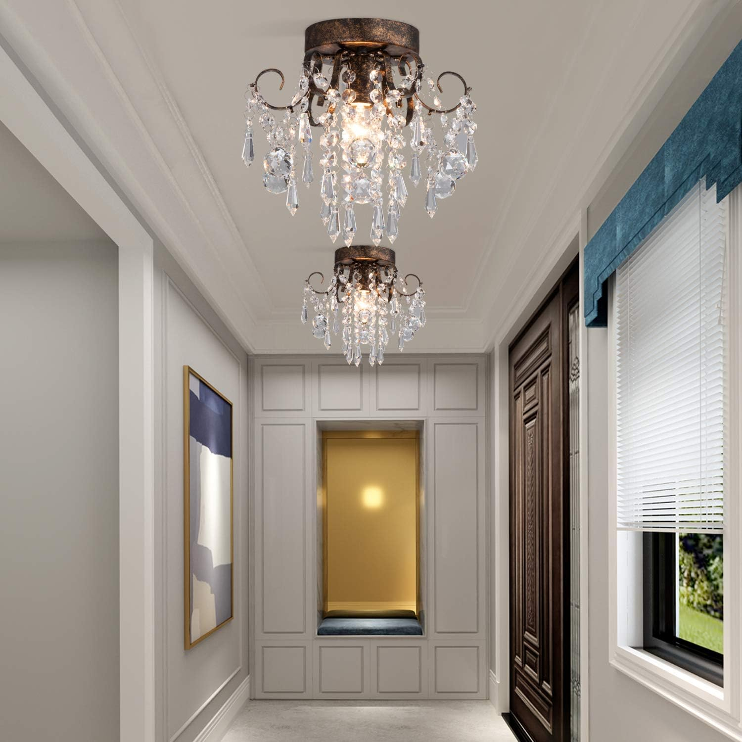 Q&S Small Crystal Ceiling Light Fixture Flush Mount,Black Ceiling Lights Modern Chandelier,Bedroom Hallway Closet Light Fixture,Dia9.5 1 Light.