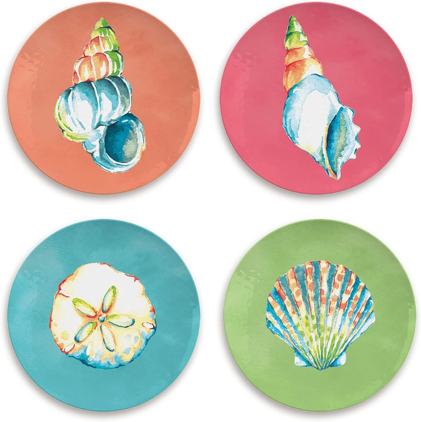 TarHong Sandbar Brights Ocean Themed Set of 4 Assorted Appetizer Plates, 6.8”, Pure Melamine, Shatterproof, Indoor/Outdoor