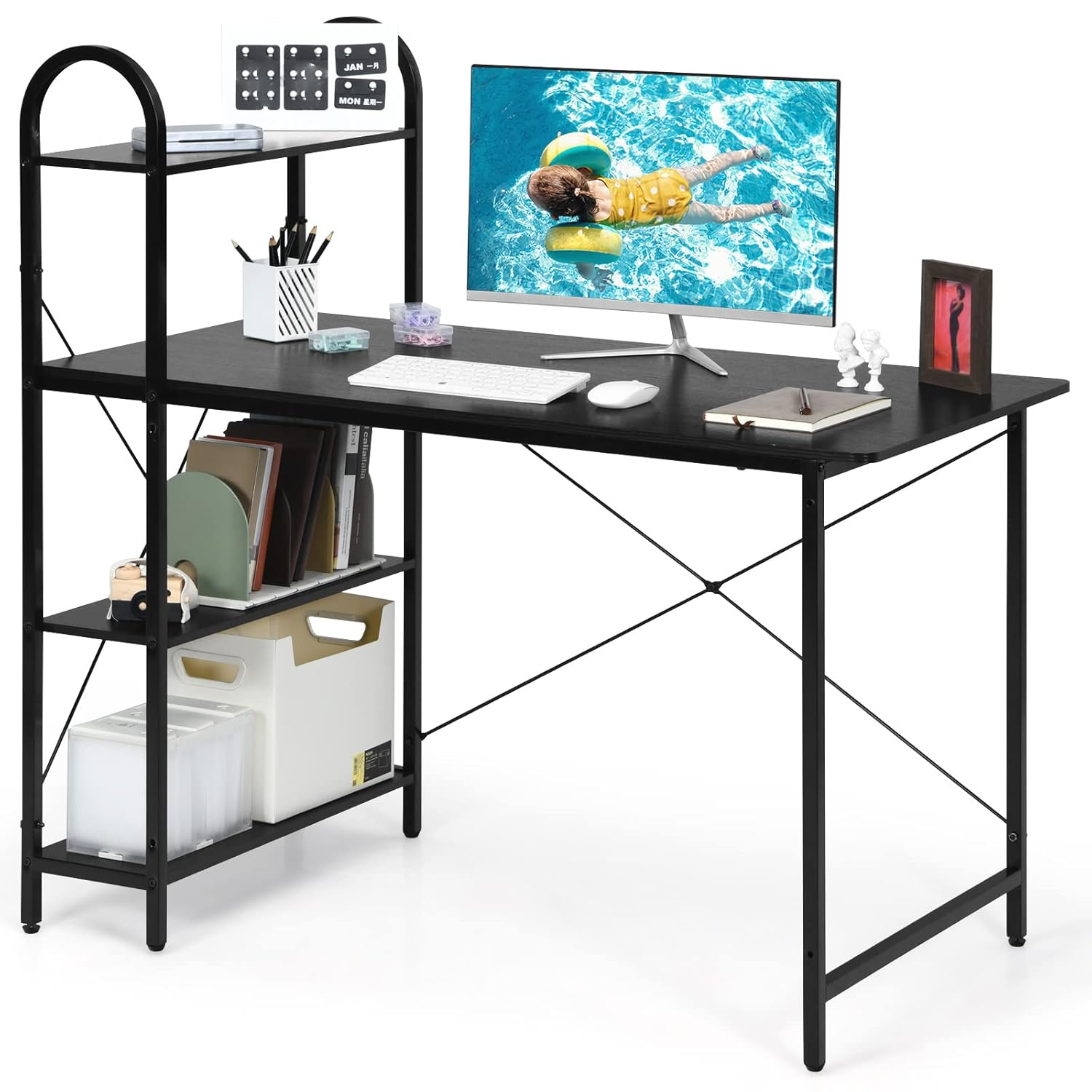Costway 48'' Reversible Computer Desk Writing Workstation w/ Storage Shelf Rustic Brown