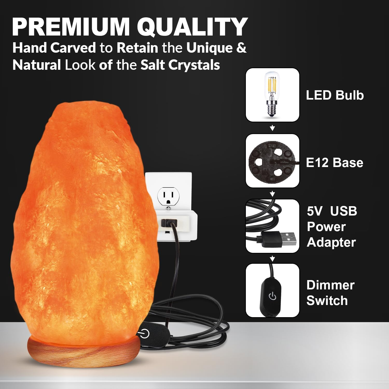 WBM Salt Lamp – USB Himalayan Salt Lamp with Touch Dimmer Control | Wooden Base | LED Bulb | 5-7lbs